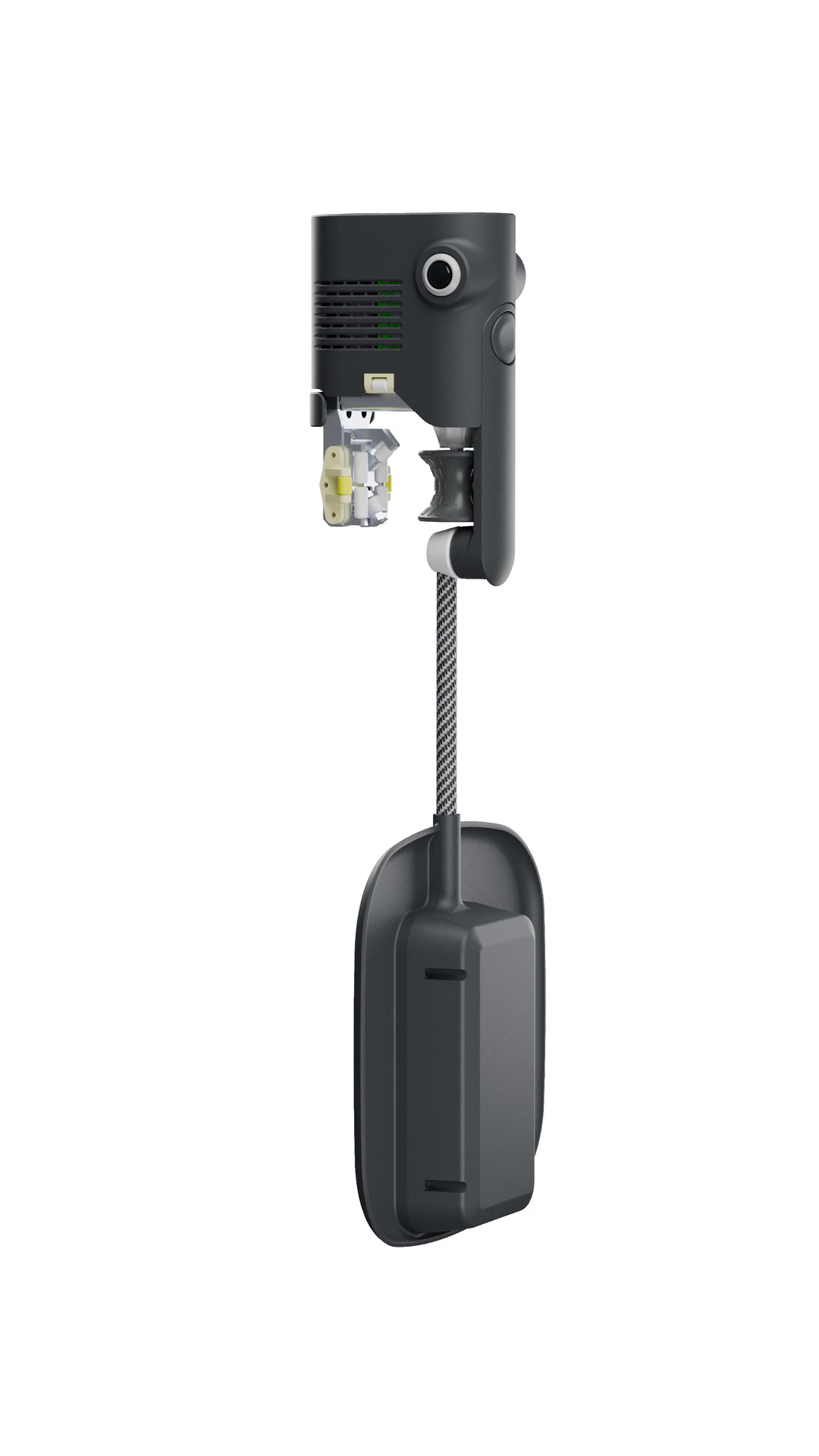 Stairio 360 with its dual-camera head, handrail drive and hanging battery pack