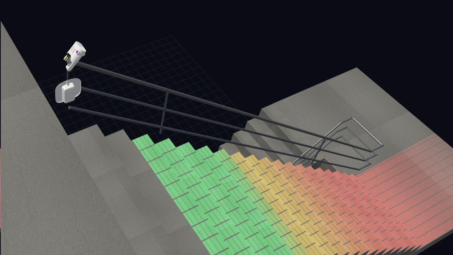 Stairio simulation showing a robot above a stair flight with green, yellow and red coverage overlays across the steps and landing