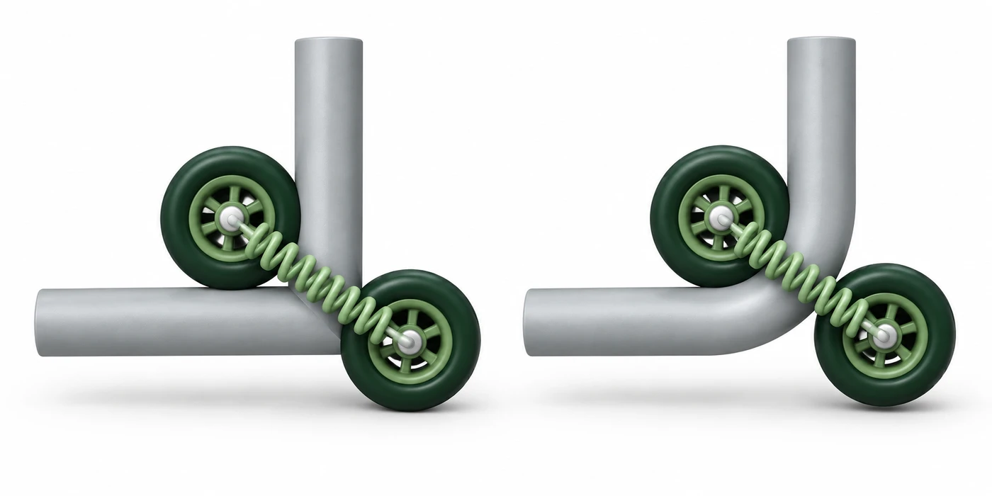 Compact illustration comparing spring-linked green wheels gripping a sharp gray rail corner and a rounded rail bend