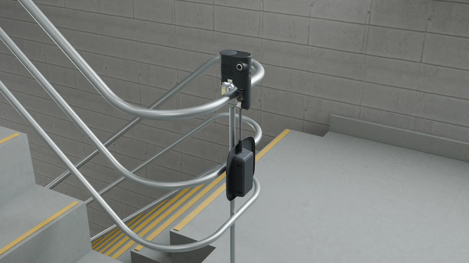 Stairio simulator view of the robot negotiating a curved handrail above a stairwell landing