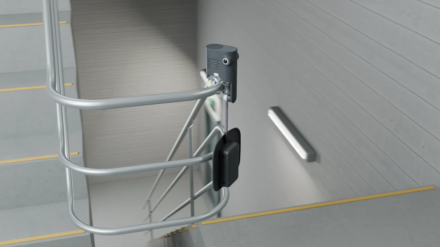 Stairio design render showing the robot, suspended battery and rail clearance at a turn