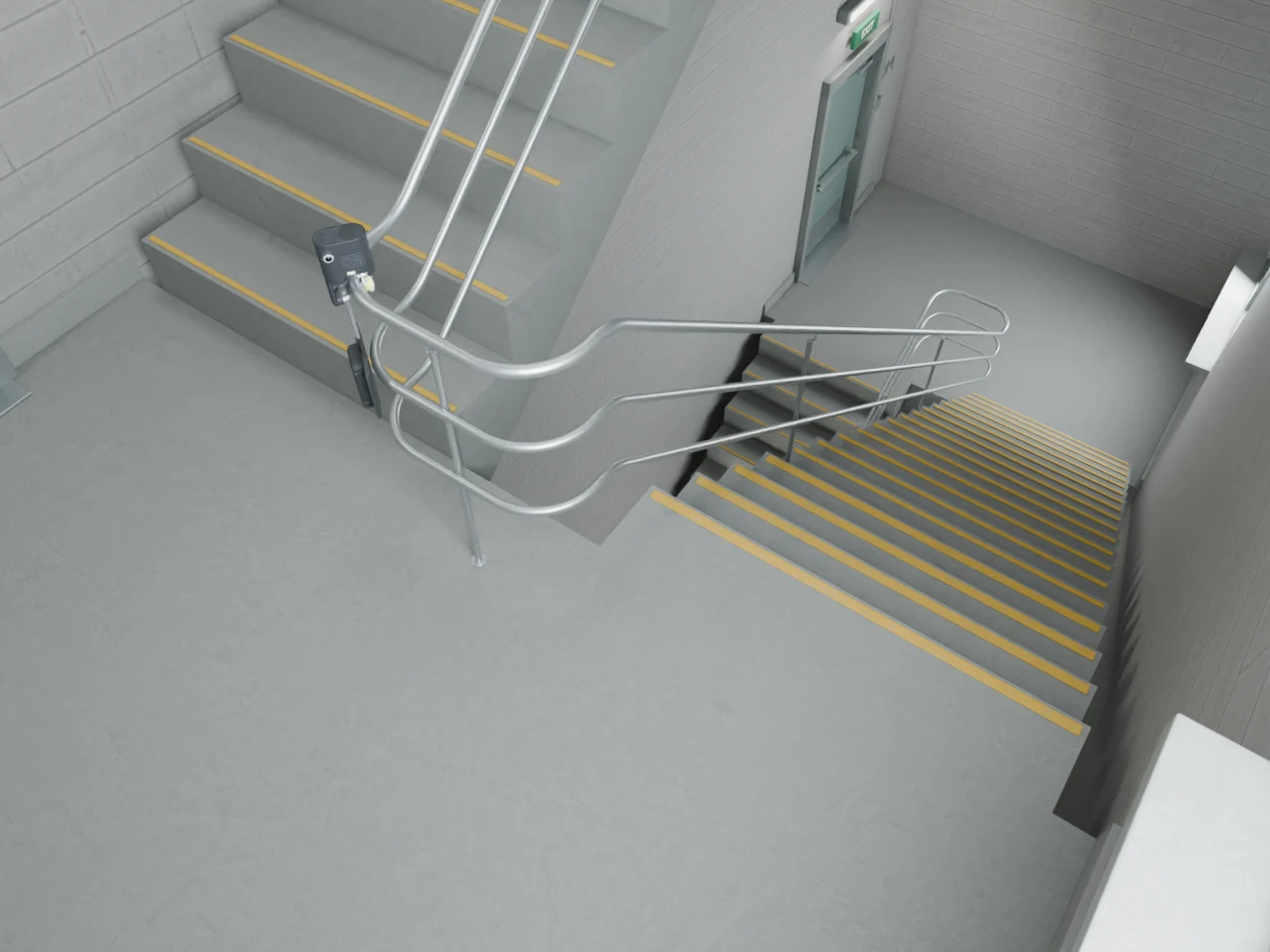 Rendered stairwell showing connected flights, a landing, handrails and a doorway